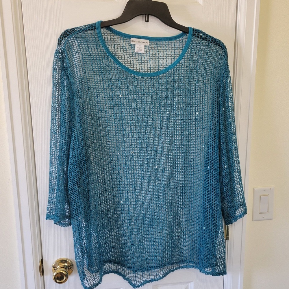 Drapers & Damons Teal‎ Blue Sequin Mesh Knit Top 2X 3/4 Sleeve